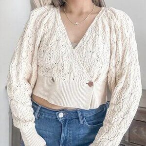 Free People Women’s Olive You Flower Button Cable Wrap Cardigan In Macadamia